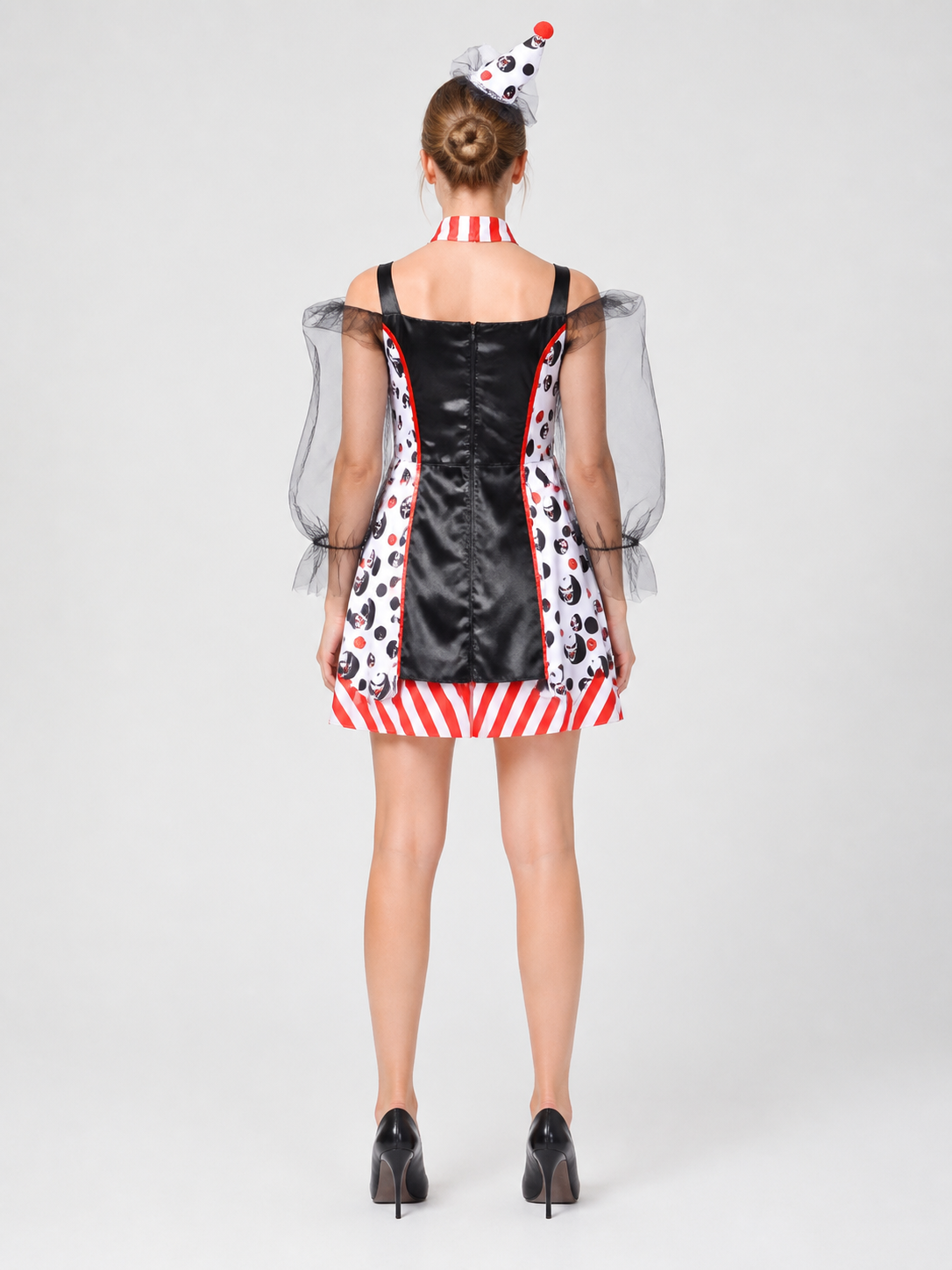 Halloween Clown Costume, Red and White, Black Sleeves back view