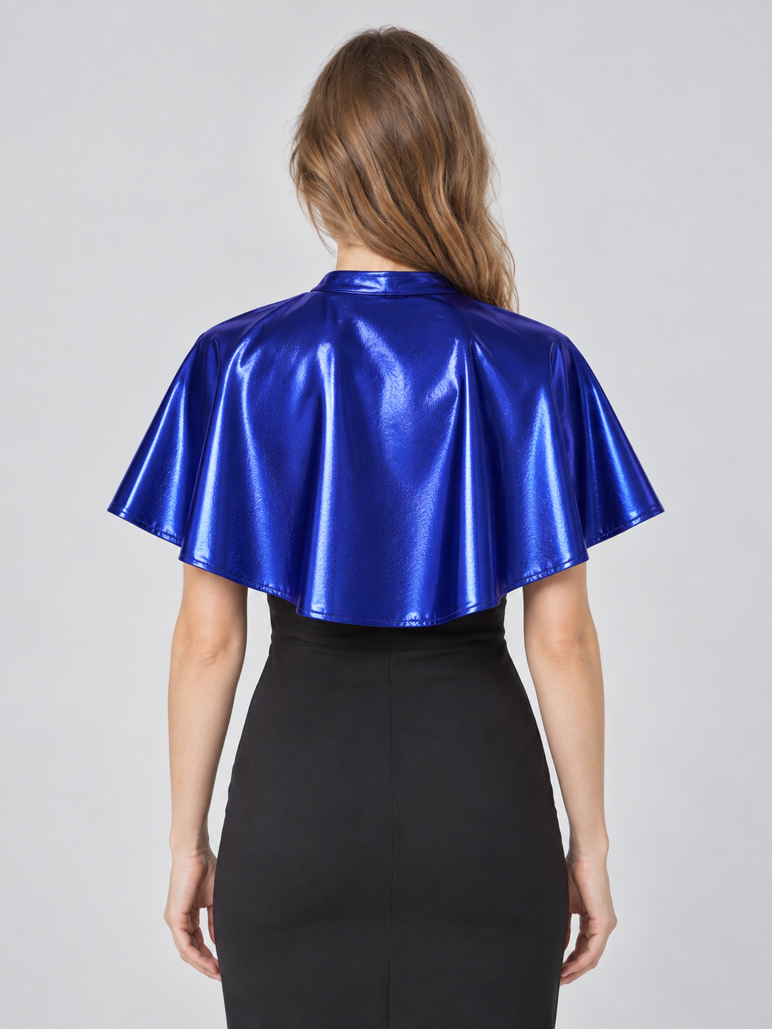Short Blue Faux Leather Cape with Ties