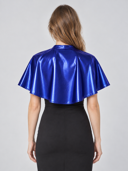 Short Blue Faux Leather Cape with Ties
