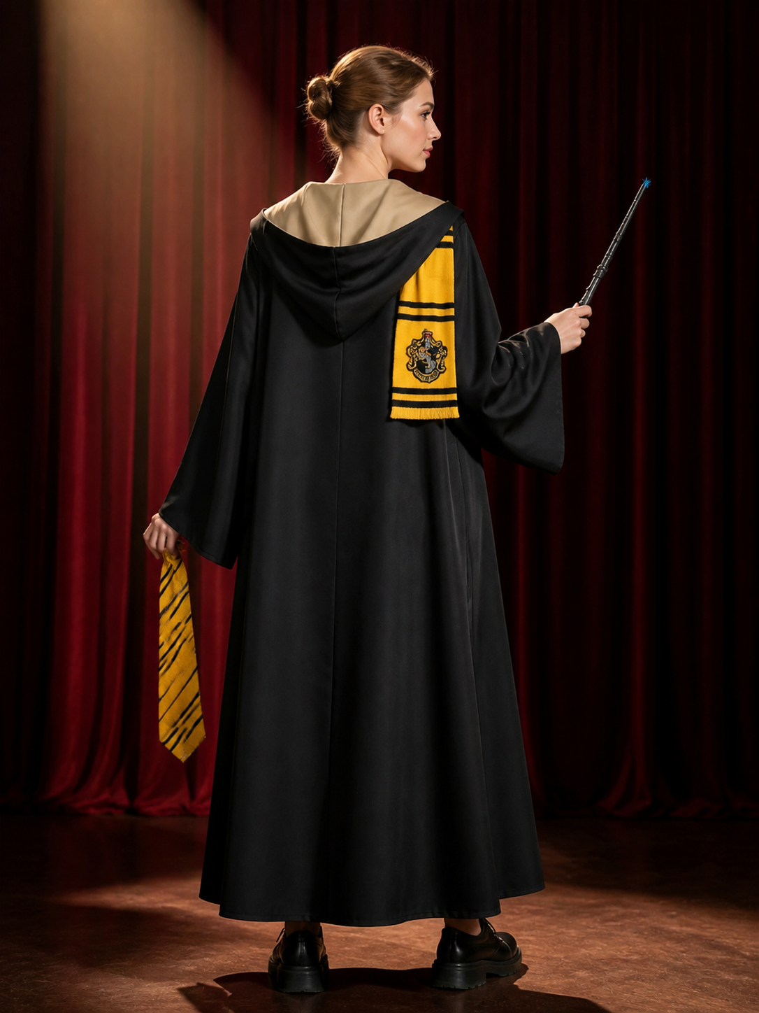 Hufflepuff Wizard Costume Set, Hooded Robe With Striped Scarf, Tie, Glasses & back view