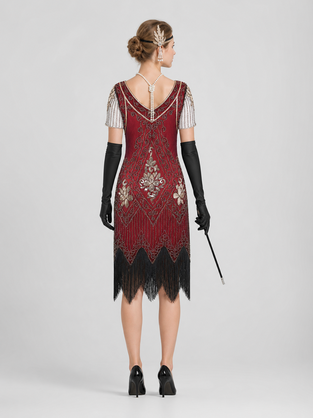 1920s Fringe Dress Set with Accessories back view