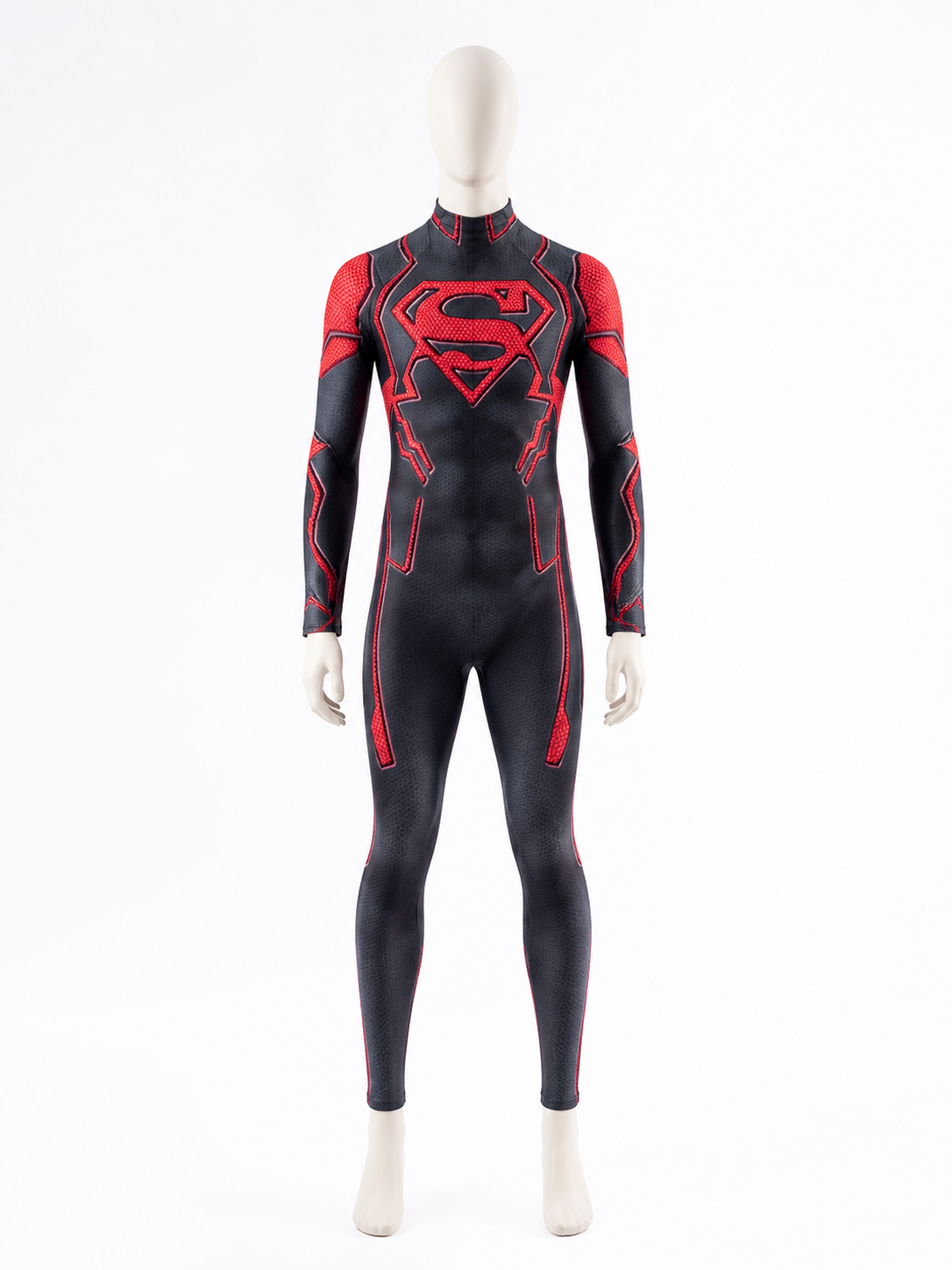 Superboy Costume Bodysuit, Black Red Pattern with S Logo back view