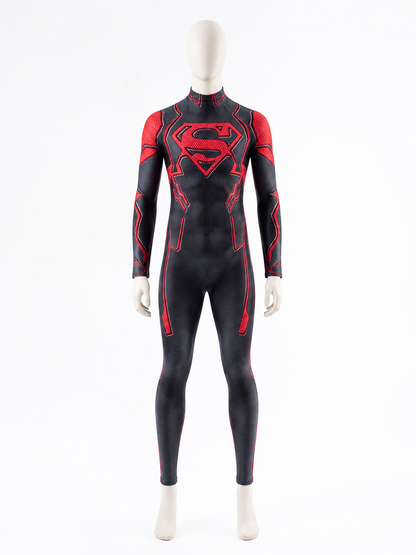 Superboy Costume Bodysuit, Black Red Pattern with S Logo back view