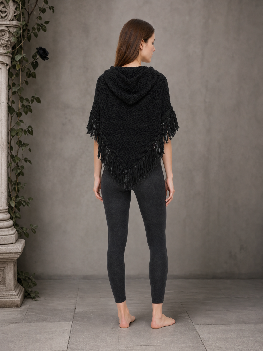 Black hooded fringed knit poncho product view 15