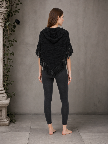 Black hooded fringed knit poncho product view 15