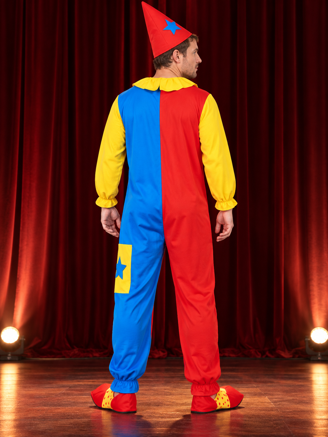 Adult Clown Costume with Hat and Stars, Yellow