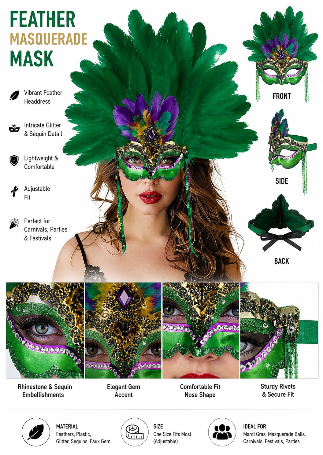 Information card in Russian showing the green feather mask on a model with illustrated styling examples and detail close-ups