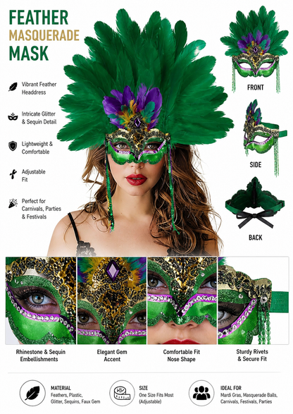 Information card in Russian showing the green feather mask on a model with illustrated styling examples and detail close-ups