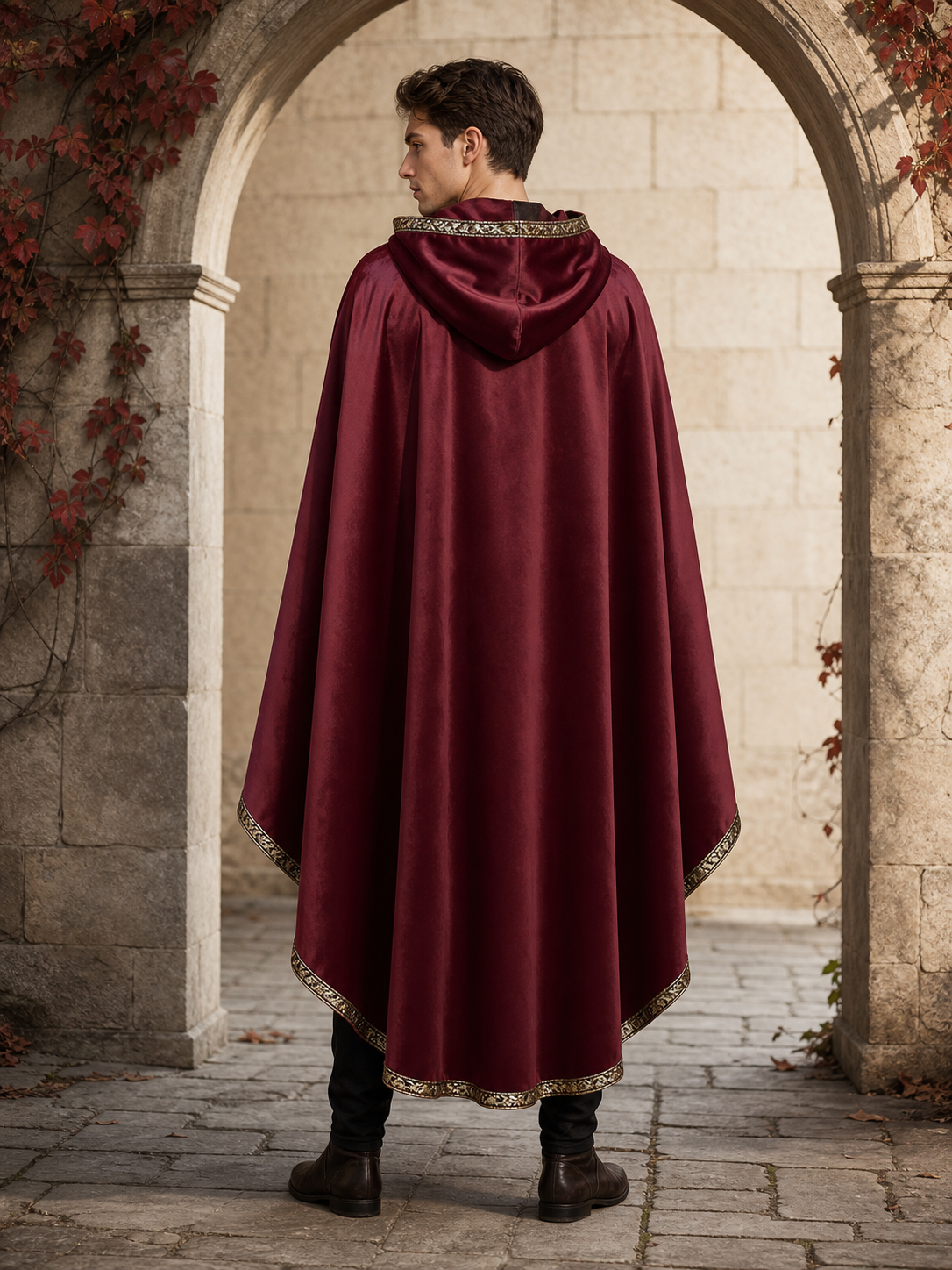 Burgundy velvet-look hooded costume cape product view 54
