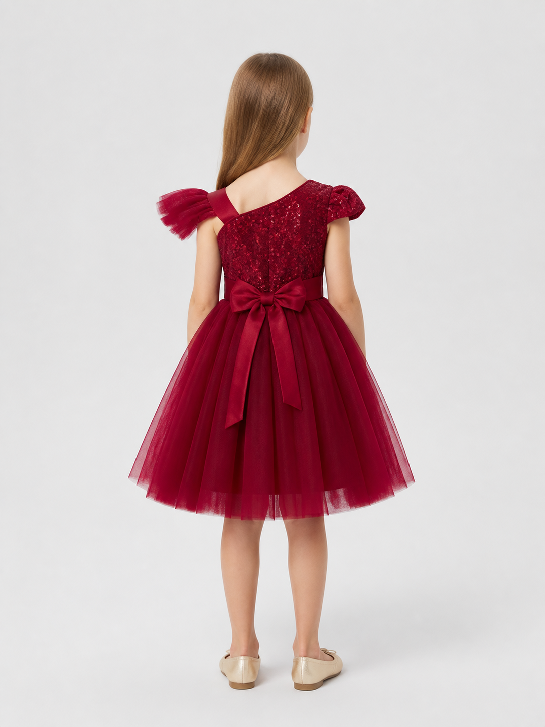 Princess Dress with Sequins, Tulle Skirt, and Bow back view