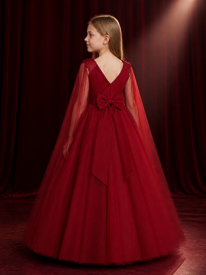 Girls' Burgundy Beaded Tulle Princess Dress, Sleeveless V-Neck Long Formal Gown back view