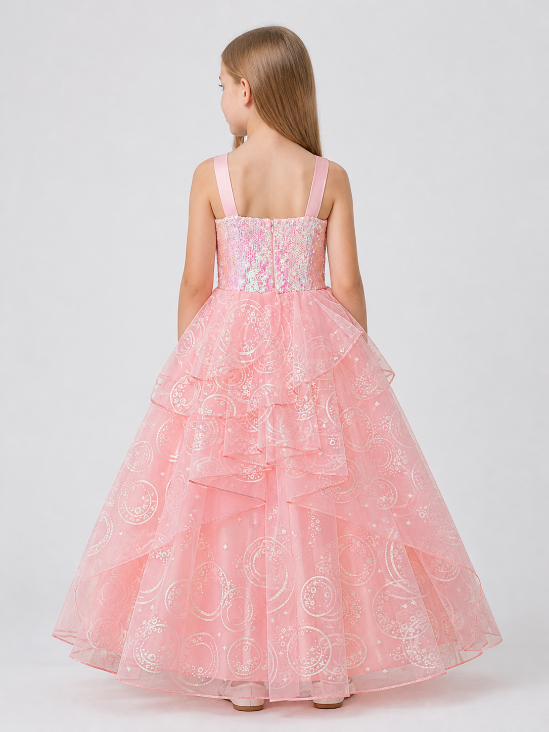 Pink Princess Dress with Sequins and a Full Skirt back view