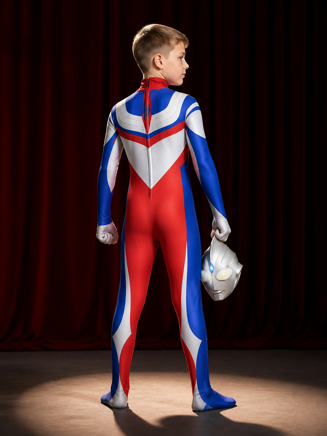 Unisex Superhero Bodysuit Halloween Costume Set with Helmet, Long Sleeve High back view
