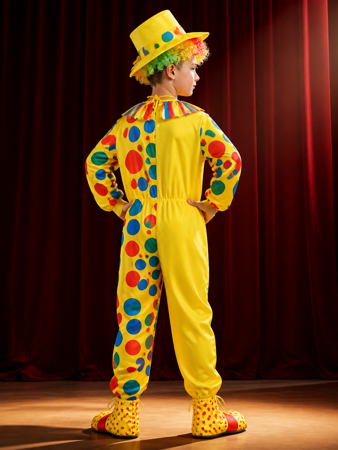 Boys' Clown Costume Set, Colorful Polka Dot Jumpsuit With Hat back view
