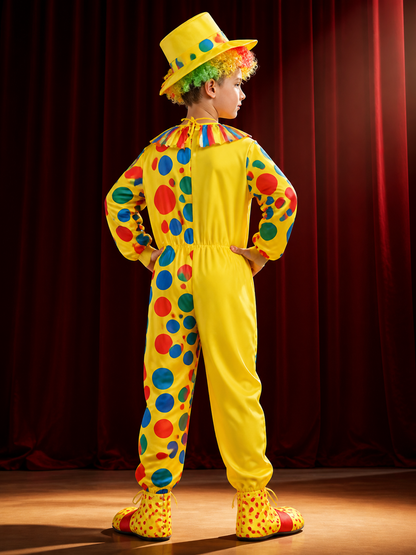 Boys' Clown Costume Set, Colorful Polka Dot Jumpsuit With Hat back view