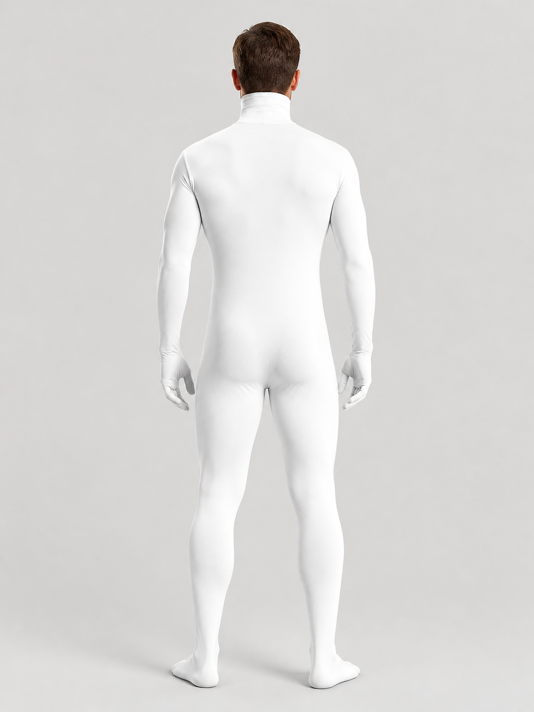 White Form-Fitting Jumpsuit with Hood and Open Face back view