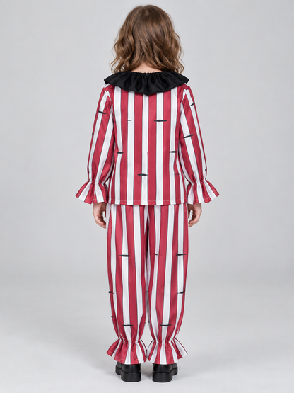 Red and white clown costume with black collar and pompom