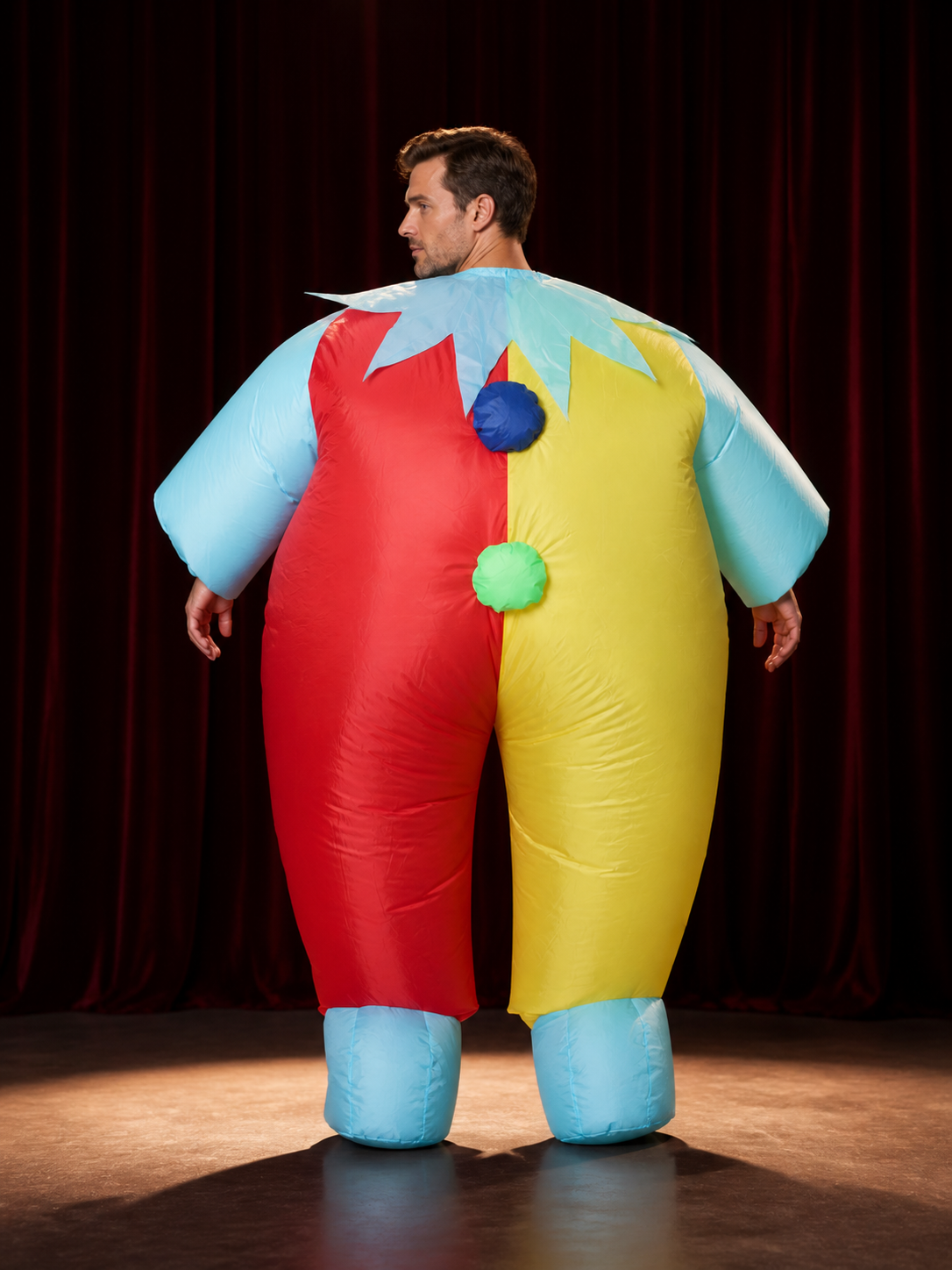 Unisex Inflatable Clown Costume Jumpsuit, Red Yellow Multi-Color Halloween back view