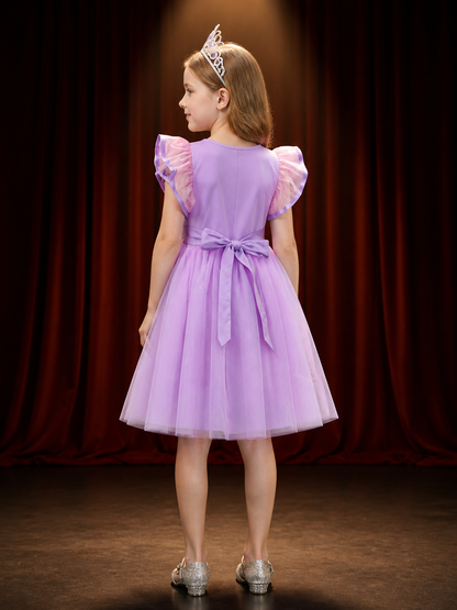 Girls Sofia Princess Purple Tutu Dress with Puff Sleeves and Cross Lace-Up back view