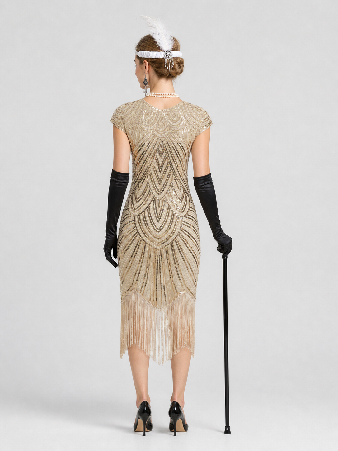 Sequined and Fringed Dress, 1920s Gatsby Set back view