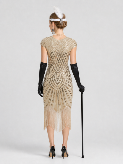 Sequined and Fringed Dress, 1920s Gatsby Set back view