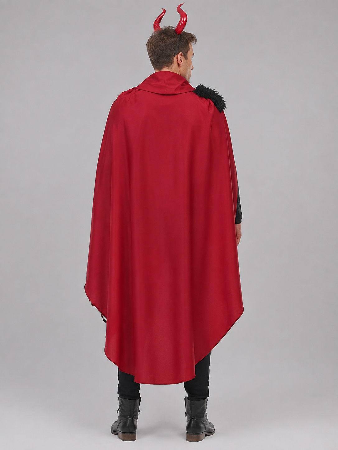 Demon Costume with Red Cape and Horns back view
