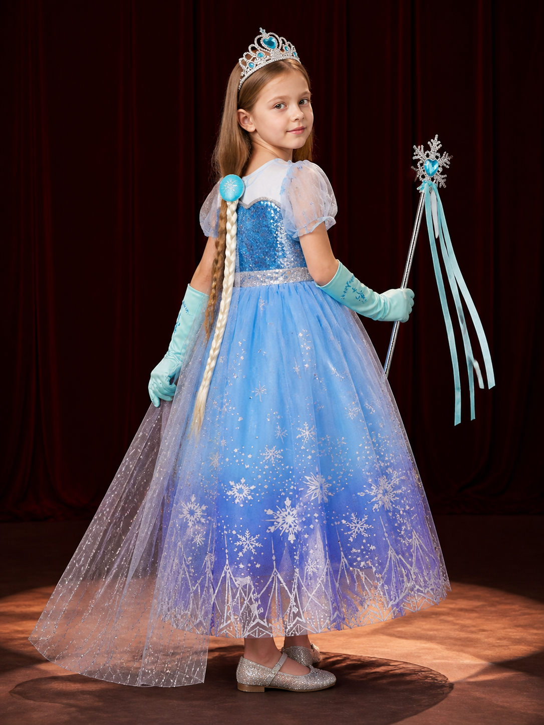 Kids Snow Queen Sequined Puffy Princess Dress Costume Set with Crown, Wand