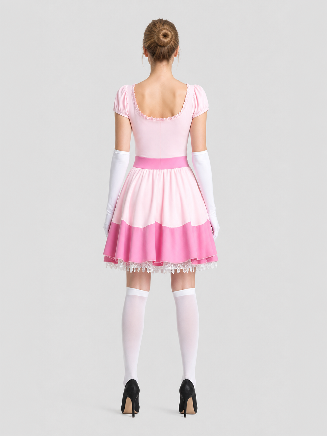 Pink cosplay dress with lace trim back view