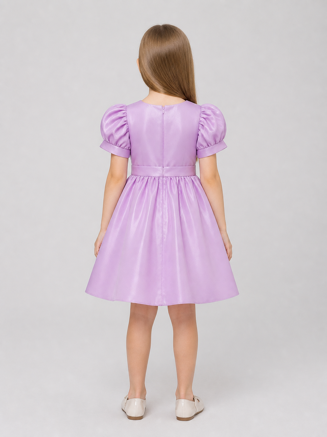 Girls' Dressy Dress with Puff Sleeves and a Bow back view