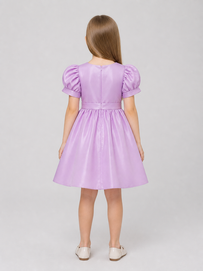 Girls' Dressy Dress with Puff Sleeves and a Bow back view