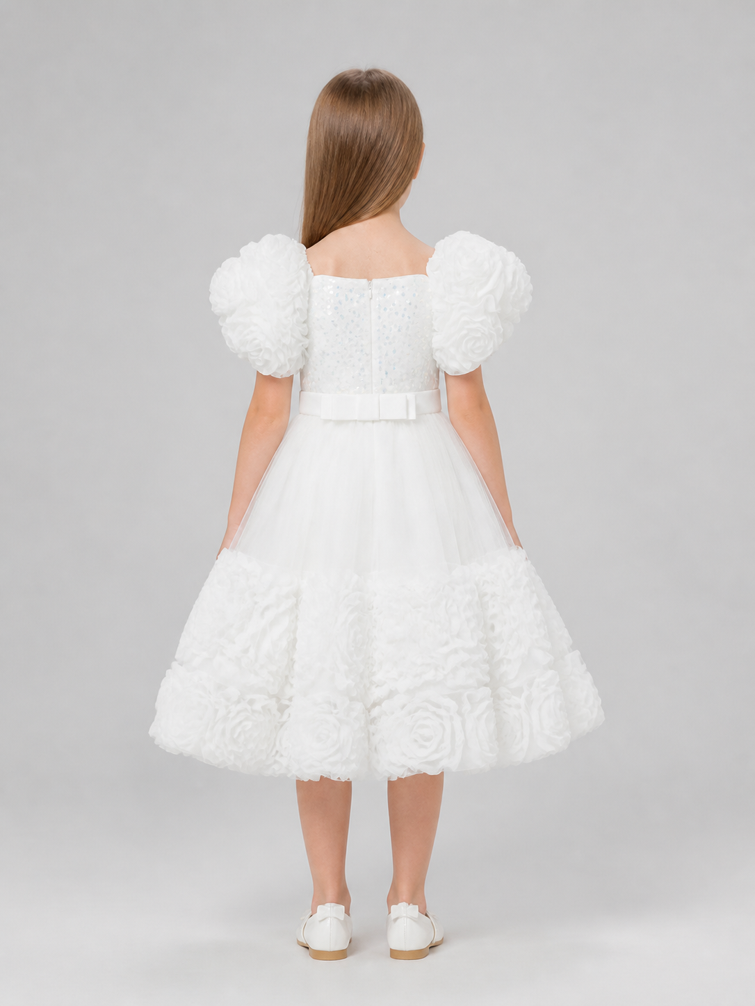 Princess Dress with Sequins, Full Skirt, and Puff Sleeves