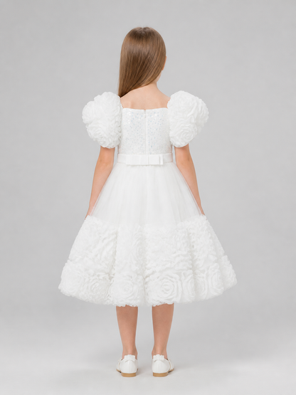 Princess Dress with Sequins, Full Skirt, and Puff Sleeves