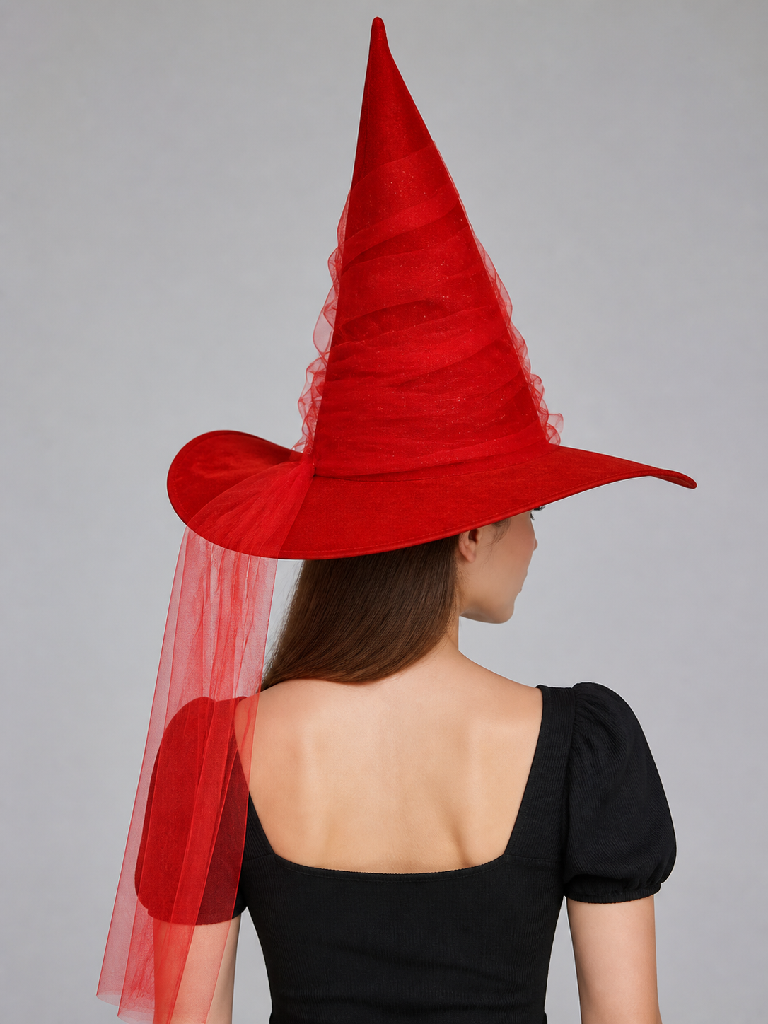 Red Halloween Witch Hat Tall Pointed Cone Wide Curved Brim Sheer Layered Glitter Speckled Costume Accessory for Parties and Photography