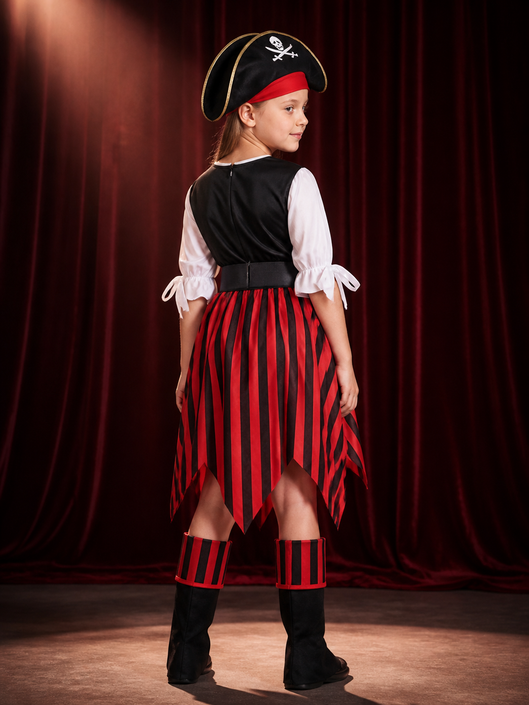 Women's Pirate Costume Set with Skull Print Dress, Tricorn Hat & Boots back view
