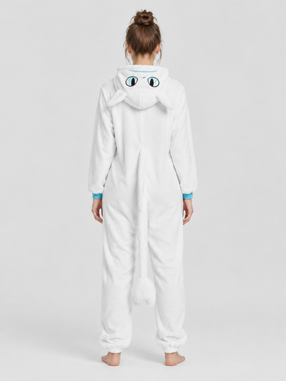 White Fleece Hooded Pajama Jumpsuit with Tail