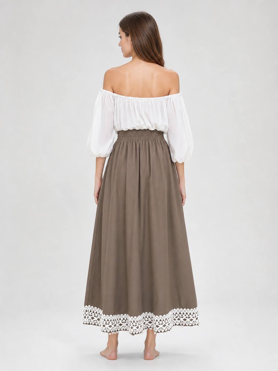 Long khaki A-line skirt with lace