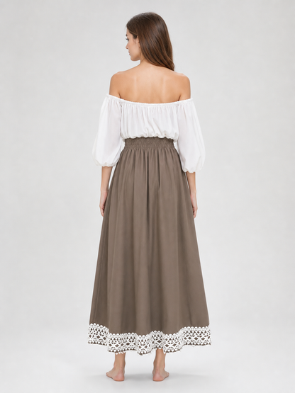 Long khaki A-line skirt with lace