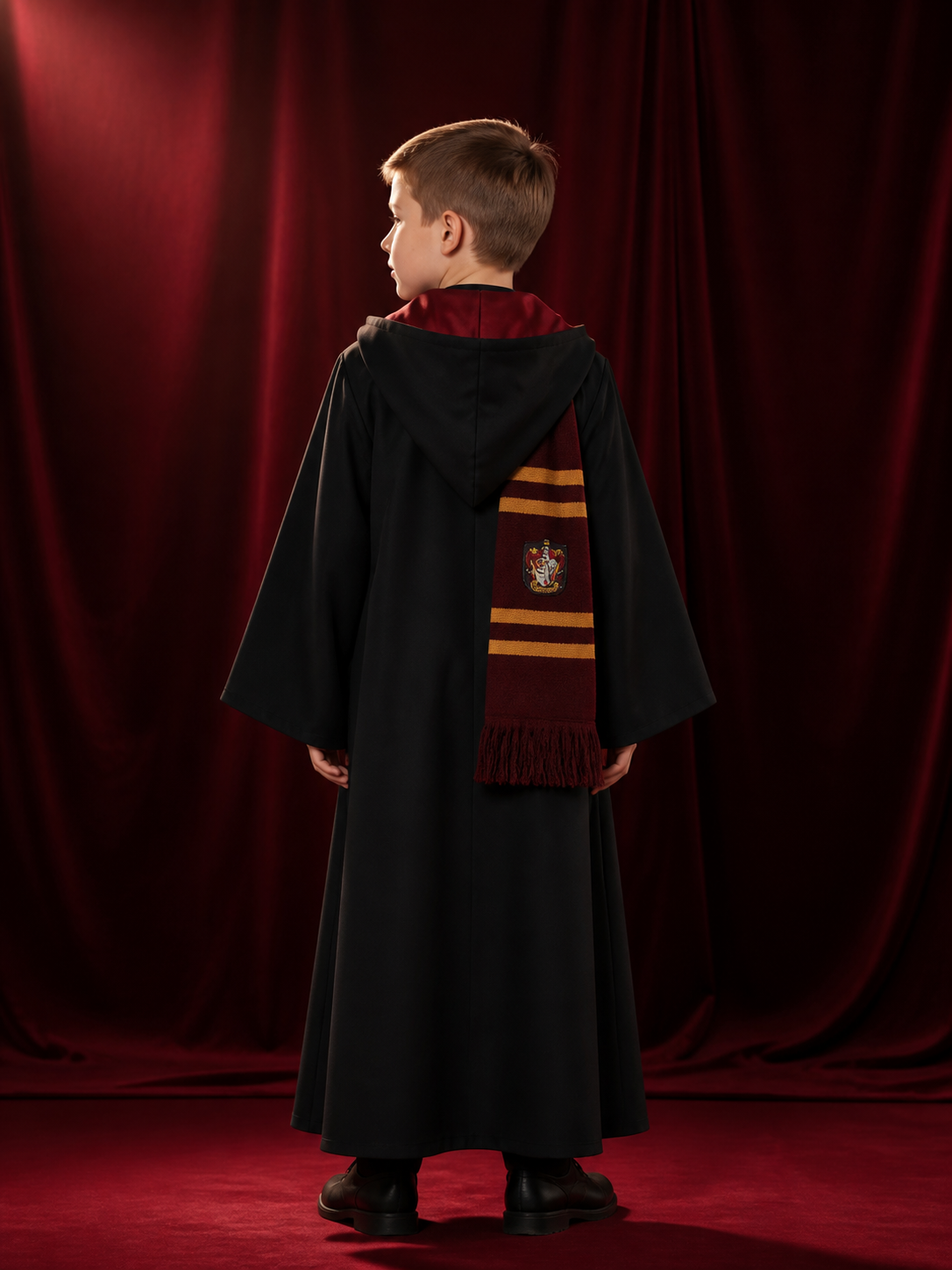 Hooded Wizard Robe Costume Set With Striped Scarf And Badge back view