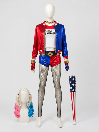 Harley Quinn Cosplay Costume: Jacket, Shorts, and Wig back view