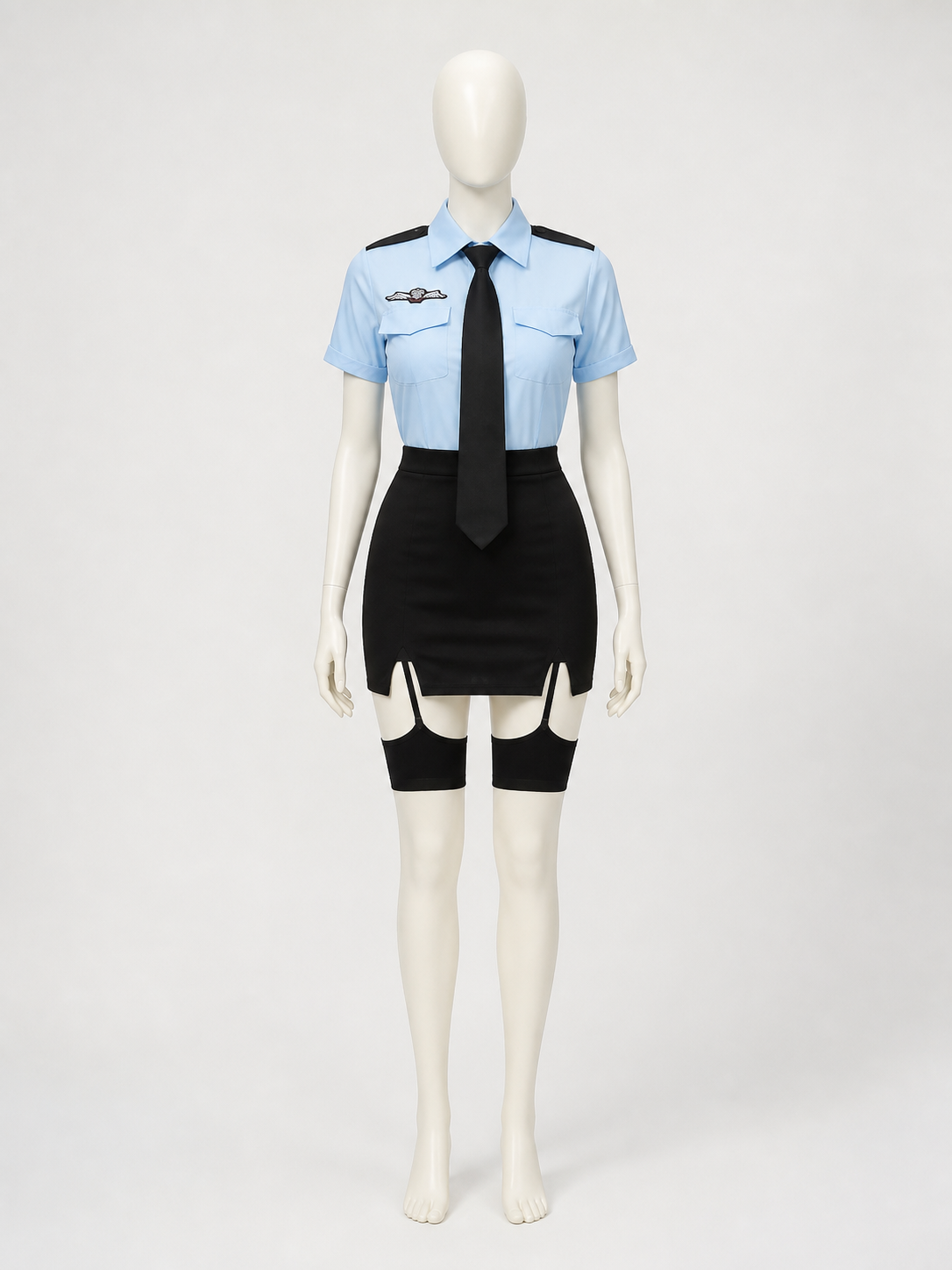 Women's Police Officer Cosplay Costume, Light Blue & Black Short Sleeve Uniform back view