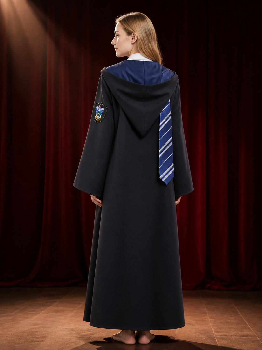 Kids Blue and White Academy Hooded Wizard Robe Costume Set with Tie back view
