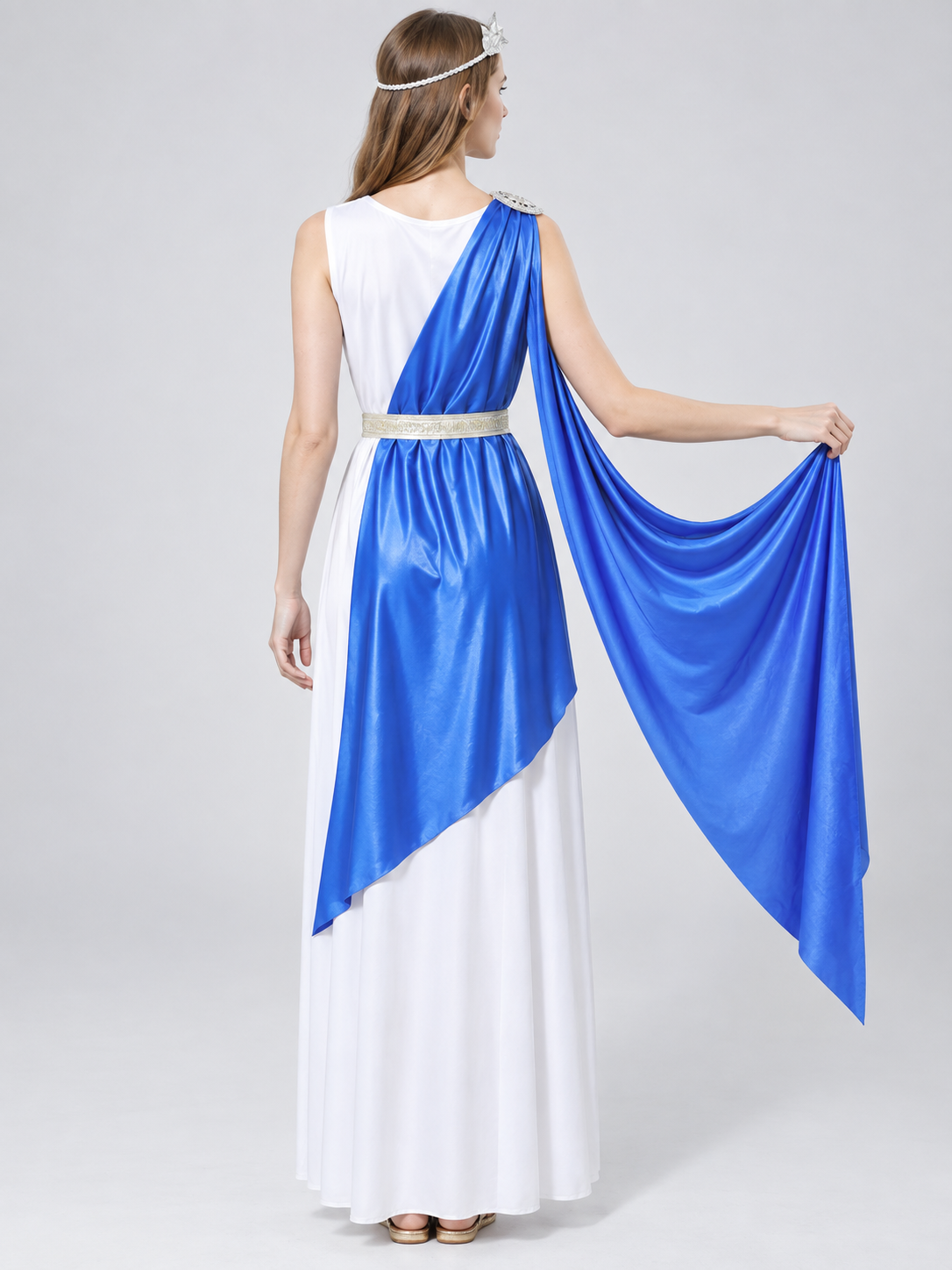 Ancient-themed carnival costume dress with blue draping back view