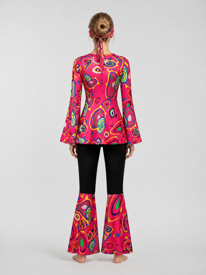 Hippie Stage Costume: Top, Flared Pants, and Scarf back view