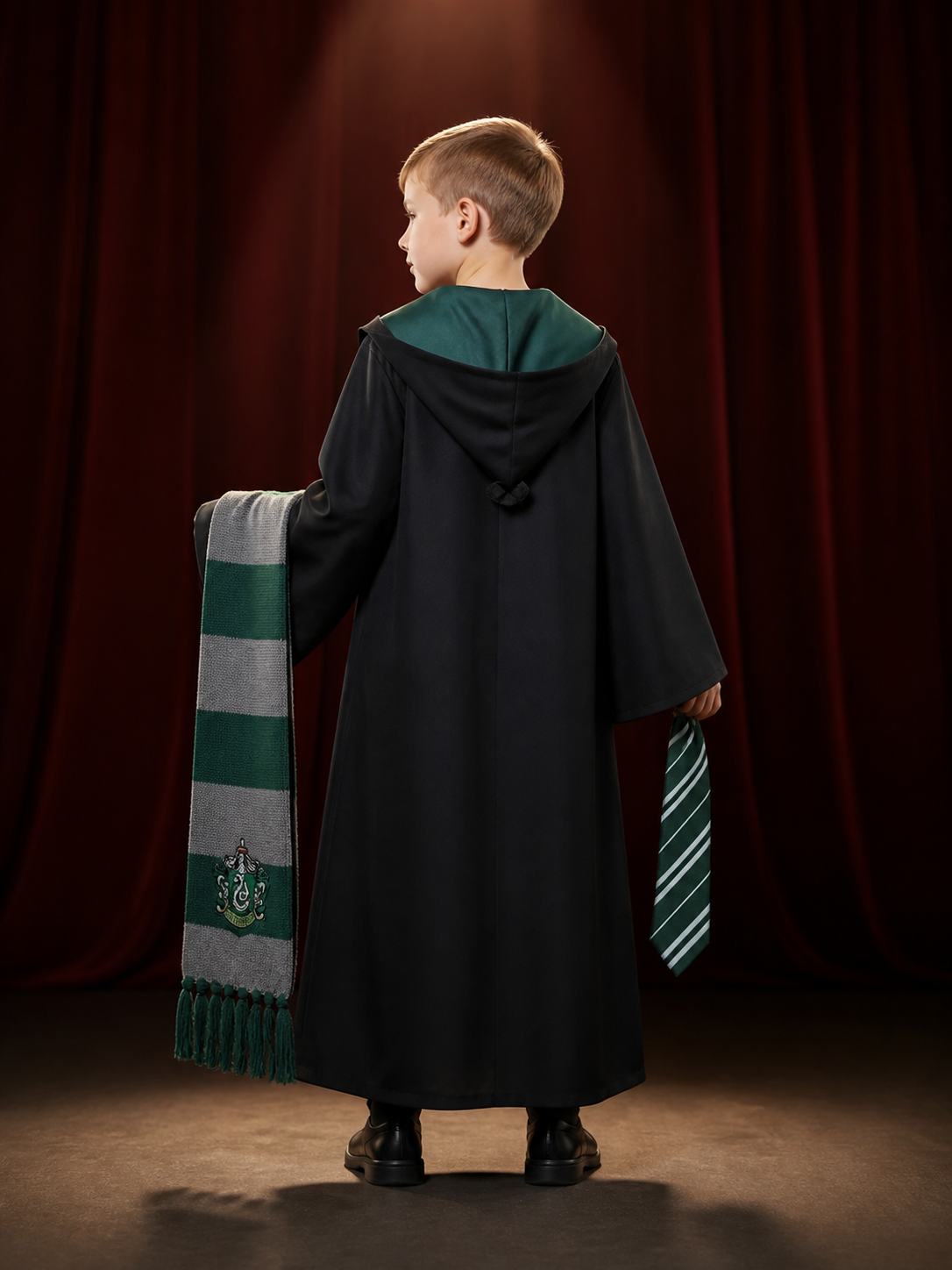 Slytherin Wizard Costume Set, Hooded Robe With Tie and Scarf, Halloween Cosplay back view