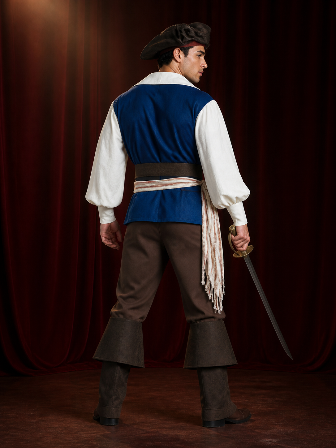 Men's Pirate Captain Costume Set with Vest, Shirt, Pants, Hat & Sword back view