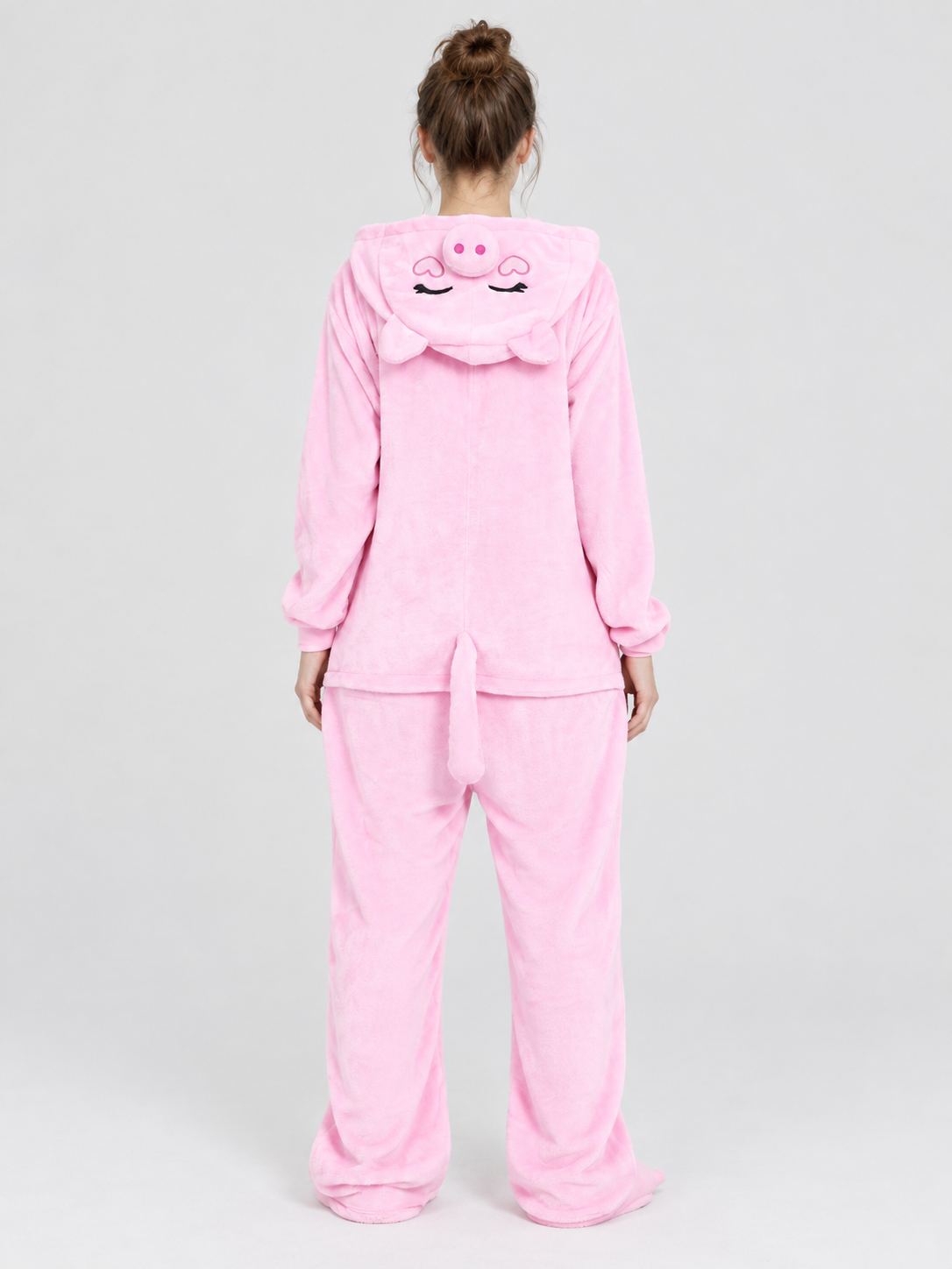 Pink hooded pajama jumpsuit with a face