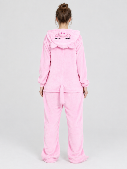 Pink hooded pajama jumpsuit with a face