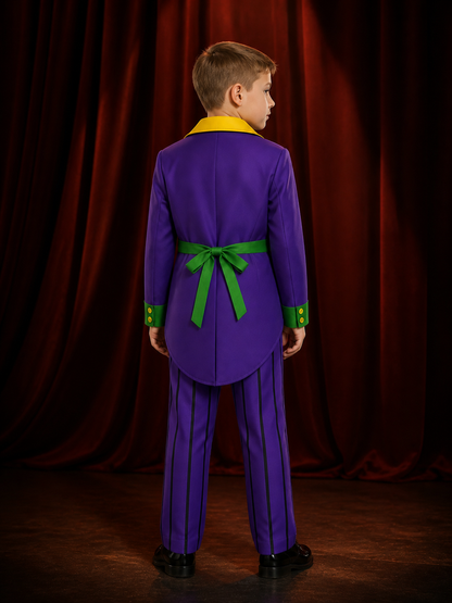 Kids Clown Costume Set, Purple Striped Pants, Yellow Rose Brooch and Bow Tie back view