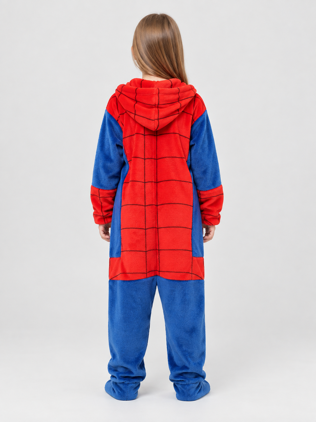 Red and Blue Fleece Pajama Jumpsuit with Spider Print