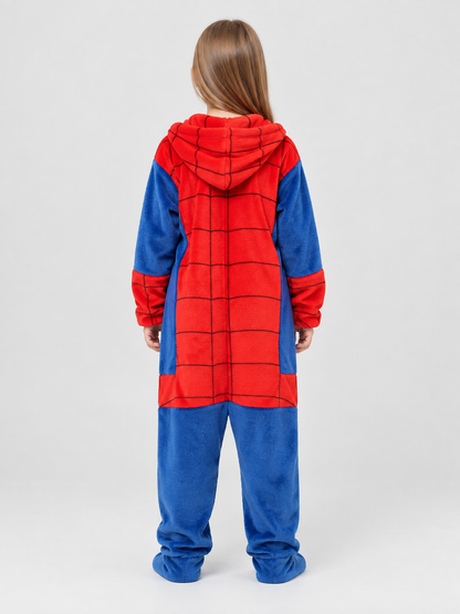 Red and Blue Fleece Pajama Jumpsuit with Spider Print